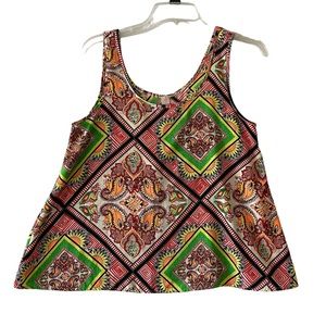 Pronto USA Women SMALL tank top  Geometric top shirt pullover green orange cami